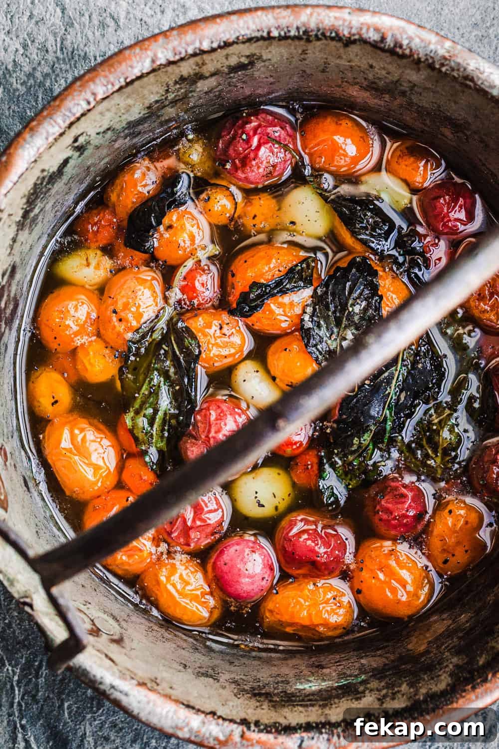 Tomato confit in a copper pot with garlic and basil; overhead shot.
