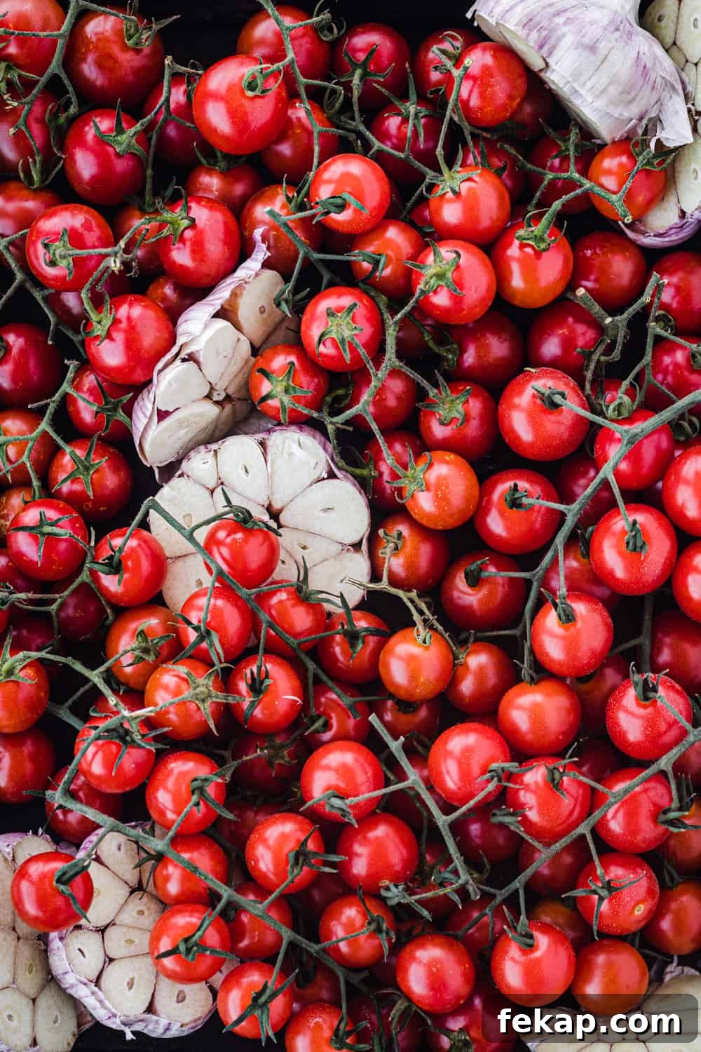 Cherry tomatoes on the vine with garlic on pan; overhead shot.