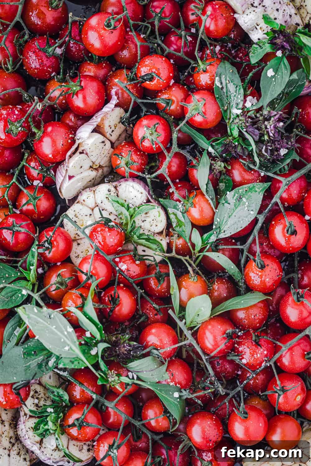Cherry tomatoes on the vine in a pan with basil, garlic and salt; overhead shot.