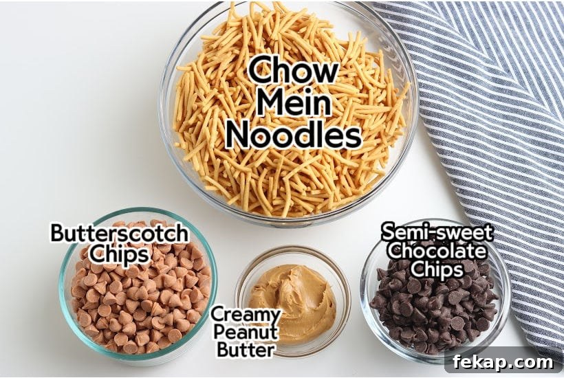 Quick No-Bake Haystack Cookies Recipe 3 Ingredients to make butterscotch haystack cookies recipe with text labels.