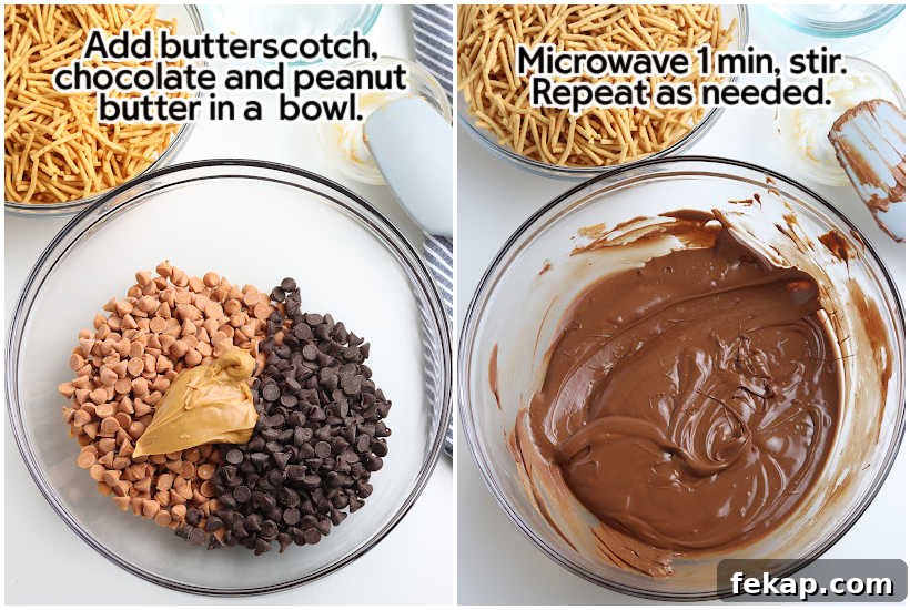 Quick No-Bake Haystack Cookies Recipe 4 Mixing melted chips and peanut butter in a bowl for no-bake cookies.