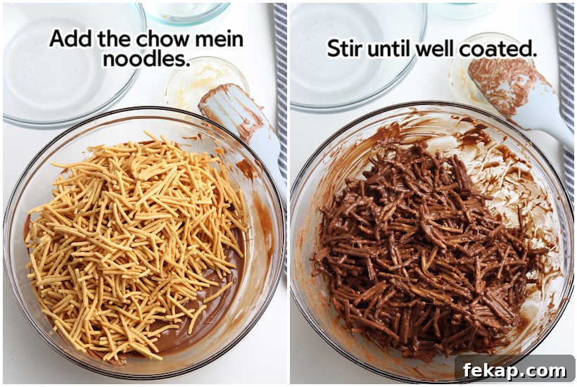 Quick No-Bake Haystack Cookies Recipe 5 Adding chow mein noodles to the chocolate mixture for no-bake haystack cookies.