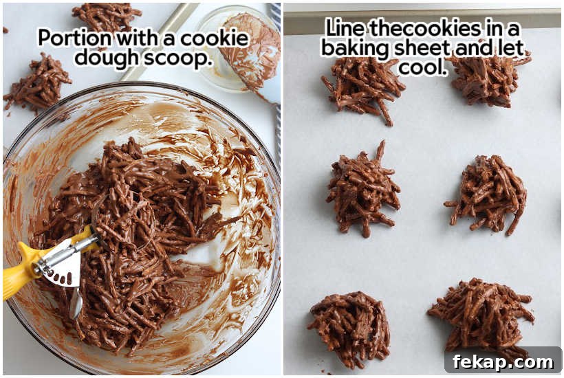 Quick No-Bake Haystack Cookies Recipe 6 Scooping no-bake cookie mixture onto a baking sheet.