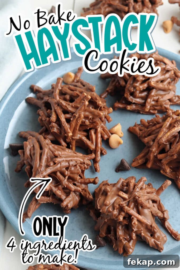 Quick No-Bake Haystack Cookies Recipe 8 No bake haystack cookies on a blue plate with text overlay.