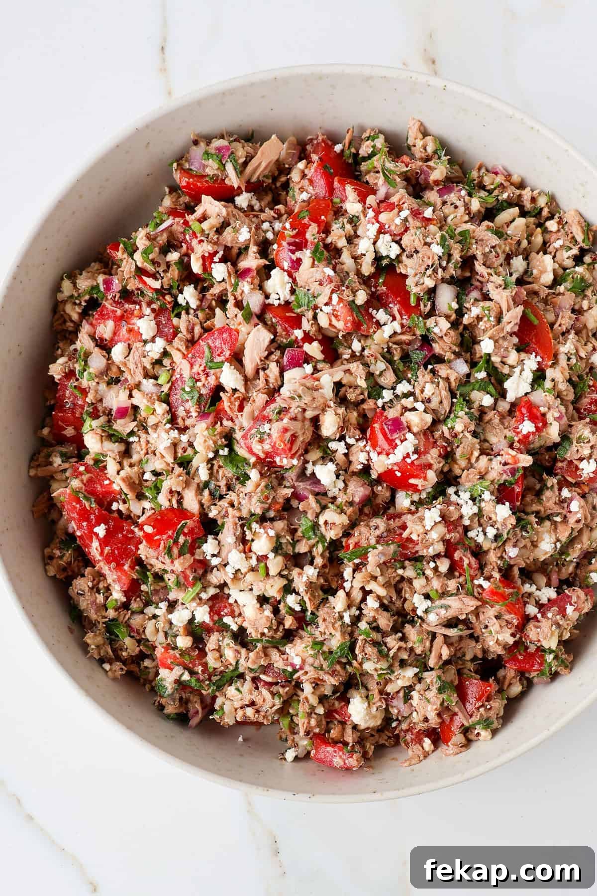 Mediterranean Tuna and Tomato Salad Recipe 7 Close up shot of the tuna salad.