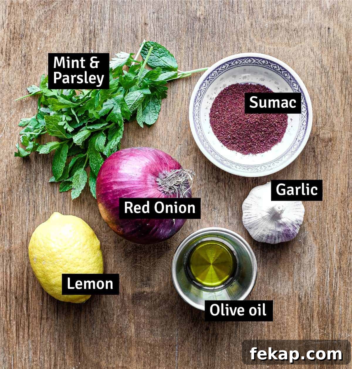 Sumac Onions | cookeatworld.com The ingredients for Sumac Onions: Red onion, sumac, garlic, lemon, olive oil, parsley and mint.