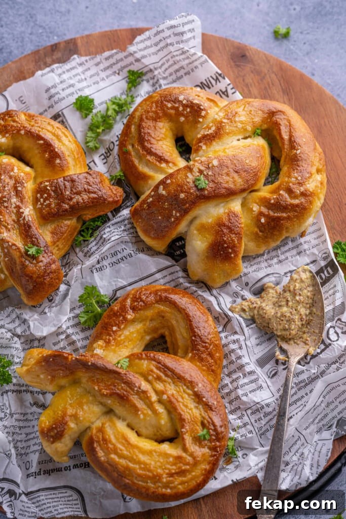 Closeup of German Soft Pretzels served with Dijon mustard