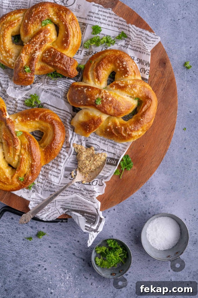 Overhead shot of Homemade German Soft Pretzels with mustard