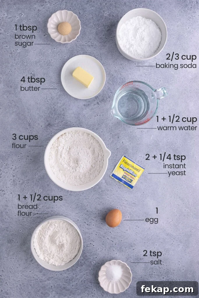 Ingredients for Soft German Pretzels including brown sugar, baking soda, butter, water, all-purpose flour, instant yeast, egg, bread flour, and salt