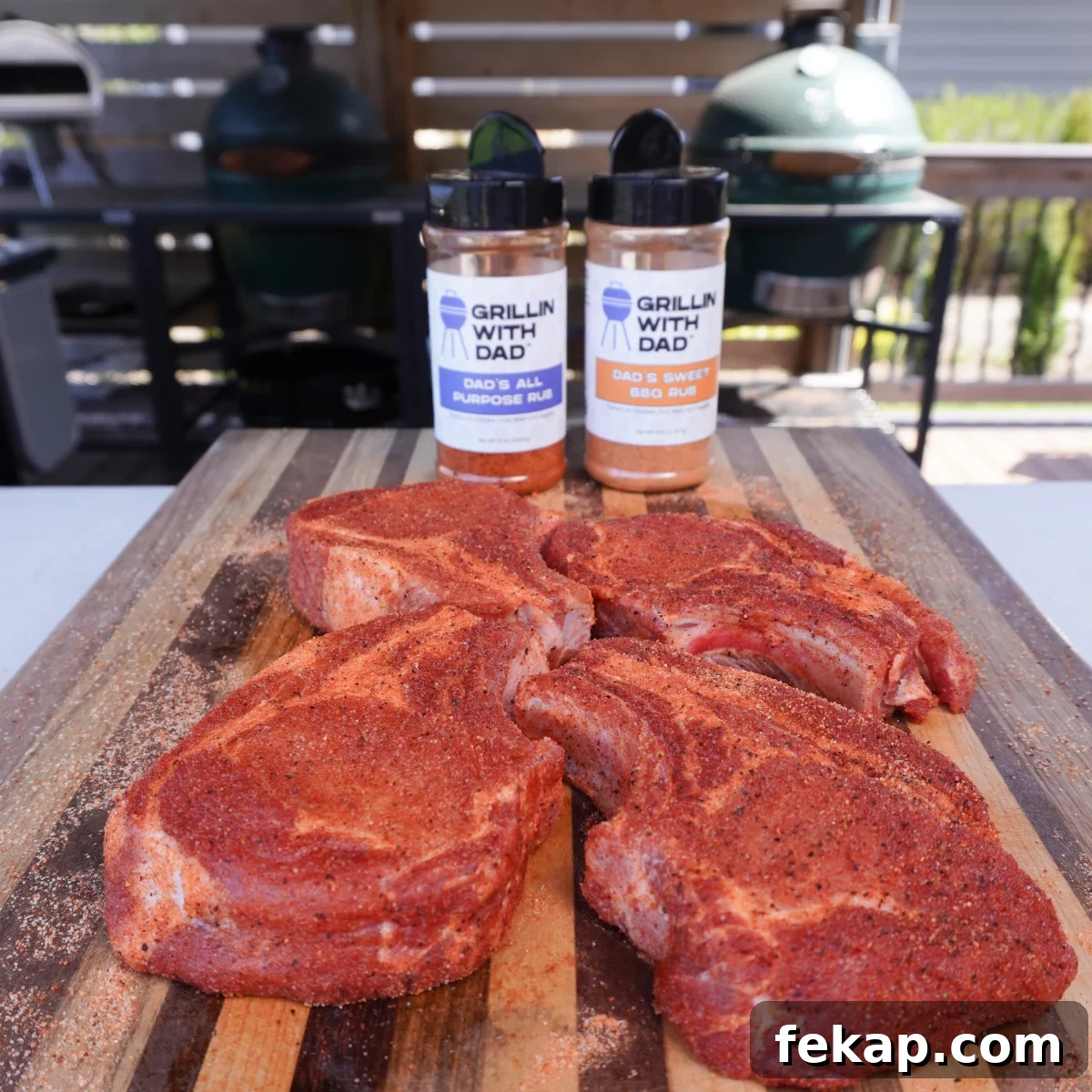 Juicy Grilled Pork Chops with Garlic Herb Marinade 3 Seasoned bone-in pork chops ready for grilling