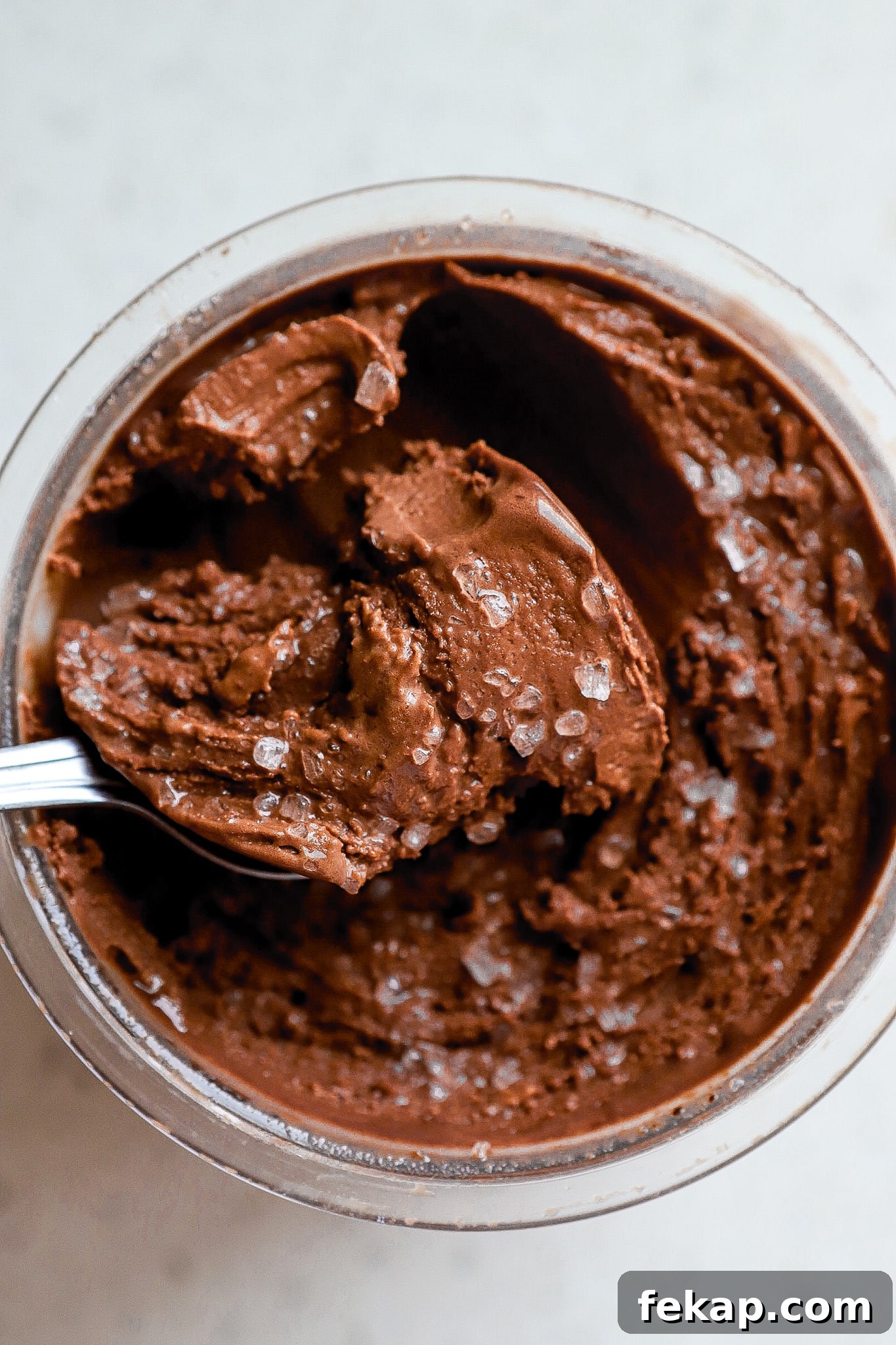 Ninja Creami Salted Chocolate Protein Ice Cream Recipe 2 Close up view of ninja creami protein ice cream with coarse sea salt.