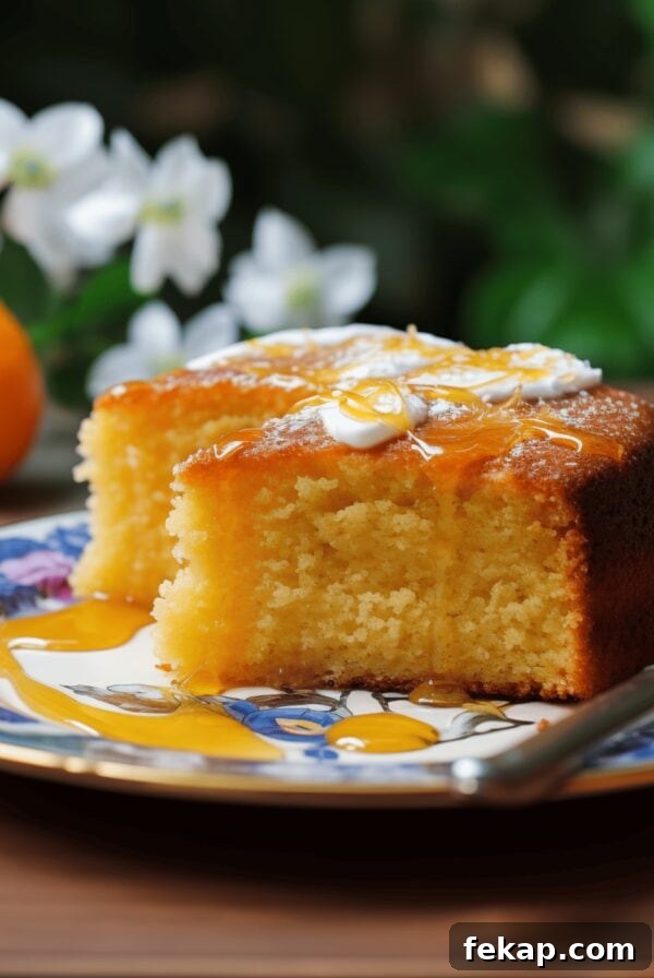Slice of Tunisian Orange Cake with thick syrup drizzled.