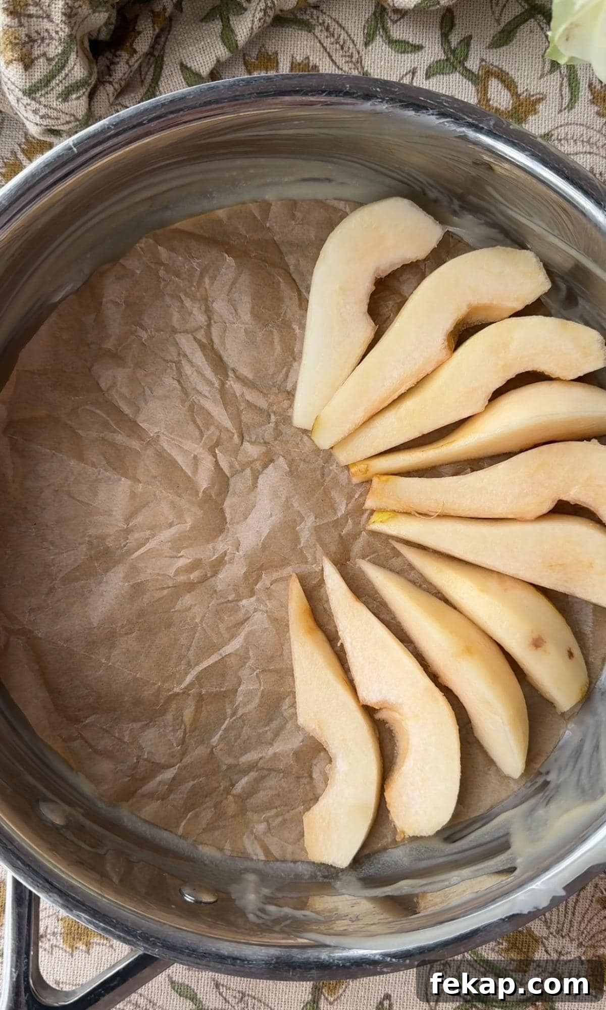 Pear Upside-Down Cake with Warm Fudge Sauce 5 arrange pears in the cake tin.