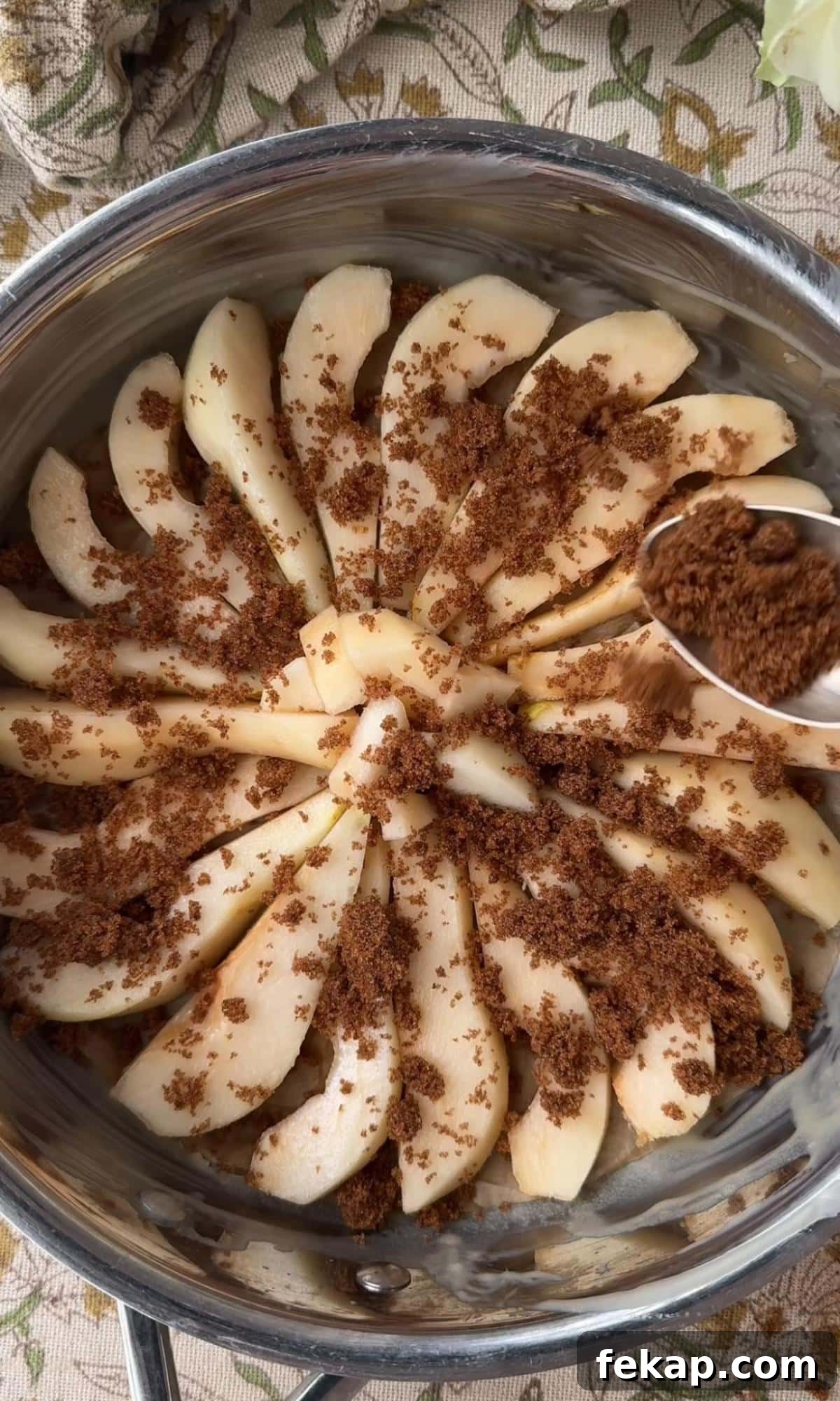 Pear Upside-Down Cake with Warm Fudge Sauce 6 sprinkling brown sugar on pears.