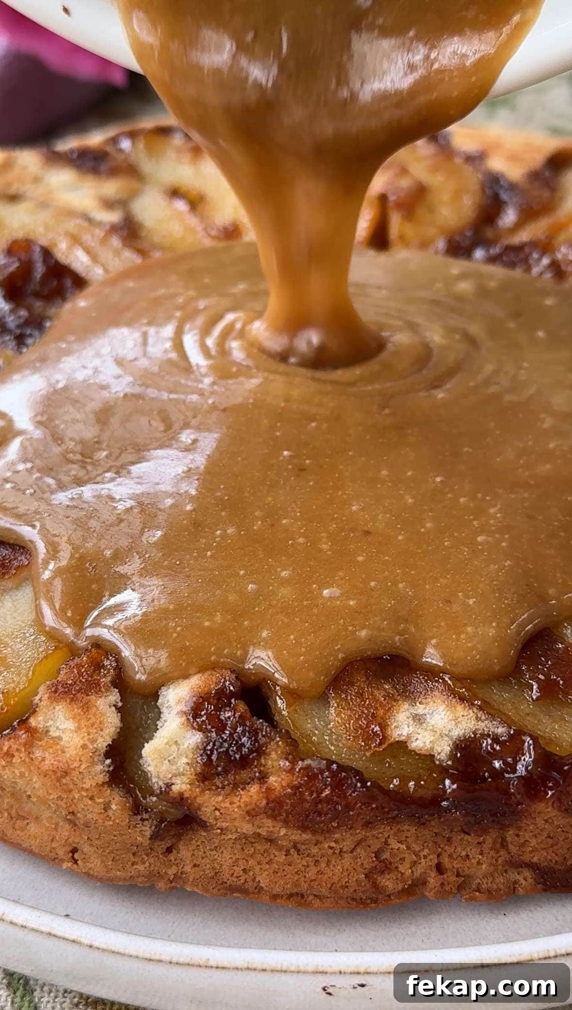 Pear Upside-Down Cake with Warm Fudge Sauce 10 pouring fudge on pear upside down cake,