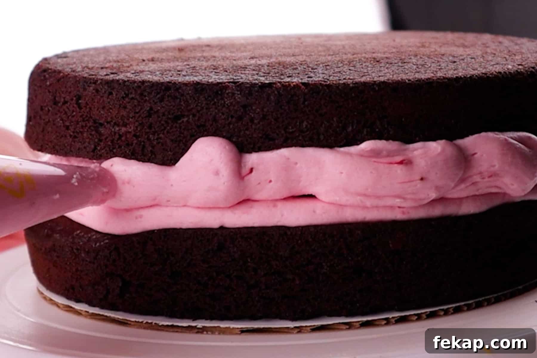 Moist Chocolate Strawberry Cake Recipe 11 adding frosting to fill any gaps in between two layers of cake.