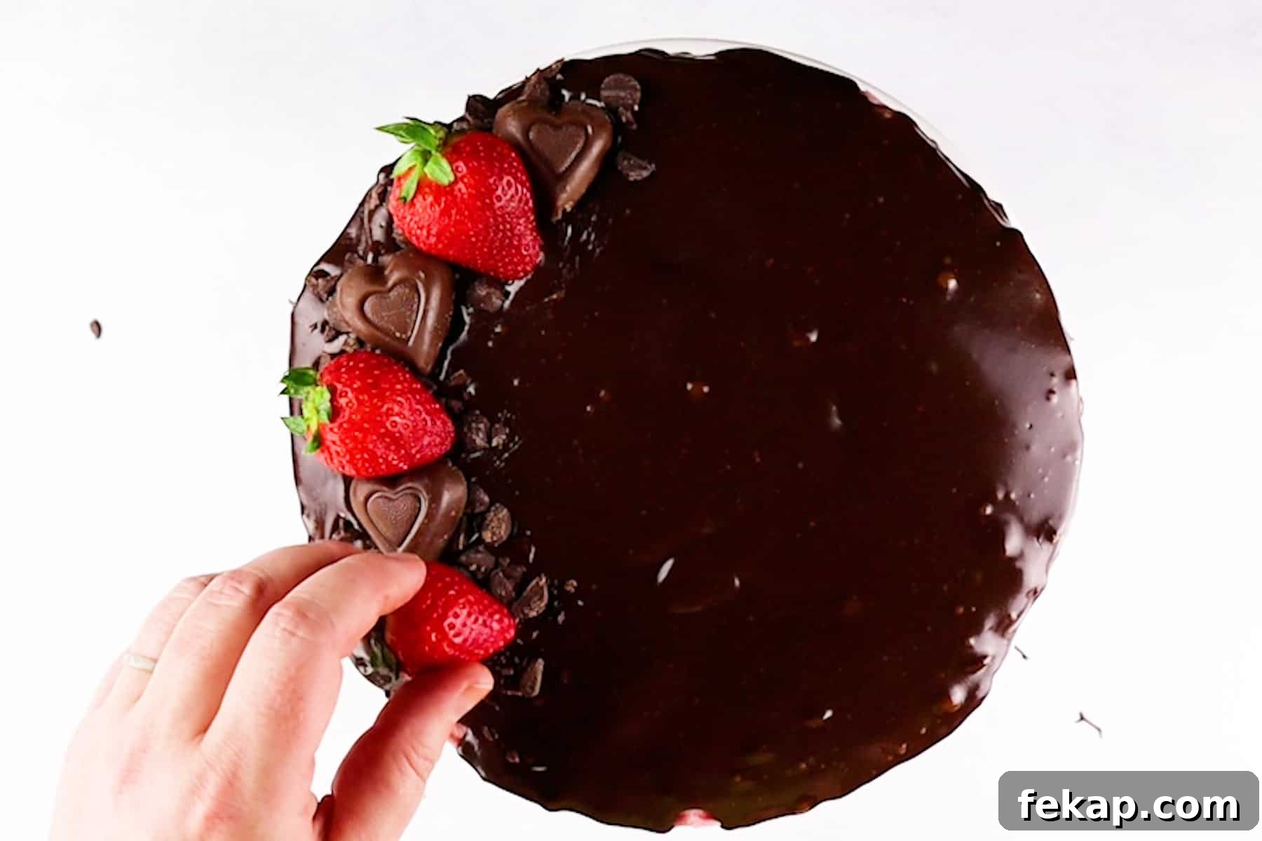 Moist Chocolate Strawberry Cake Recipe 13 adding strawberries to top of cake.