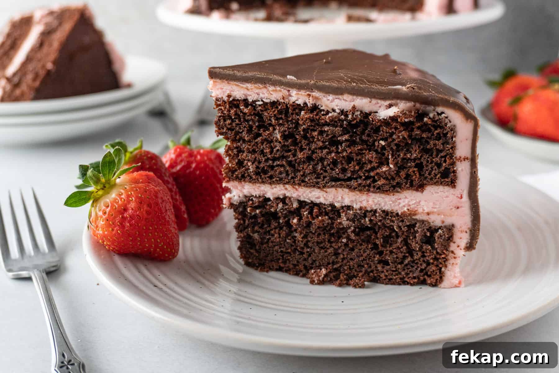 Moist Chocolate Strawberry Cake Recipe 14 slice of chocolate strawberry cake on plate with fresh strawberries on side of plate.