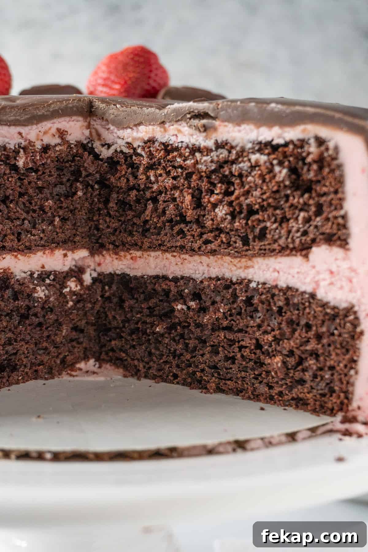 Moist Chocolate Strawberry Cake Recipe 15 cross section of of chocolate cake with strawberry frosting.