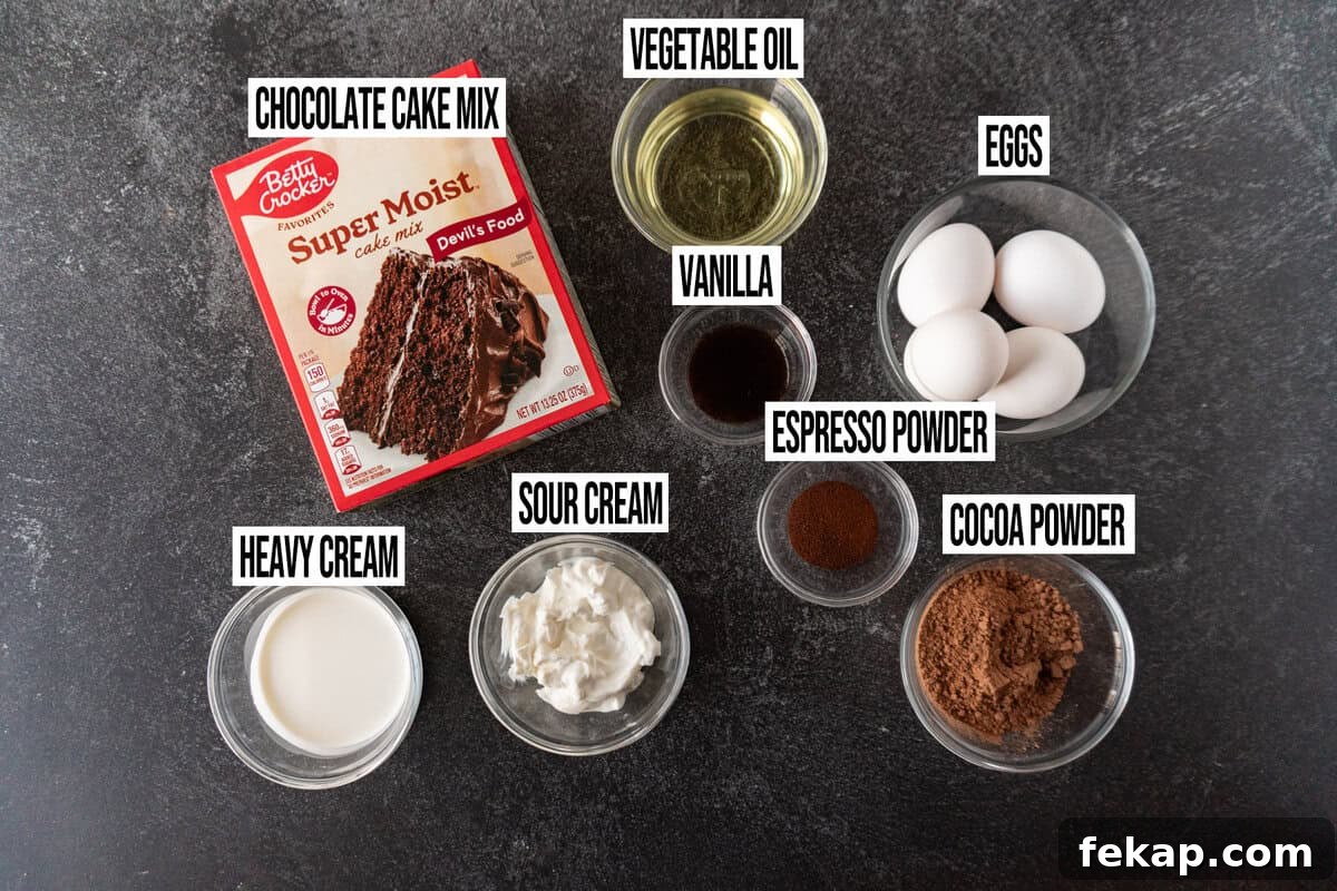 Moist Chocolate Strawberry Cake Recipe 4 chocolate strawberry cake ingredients in separate bowls.