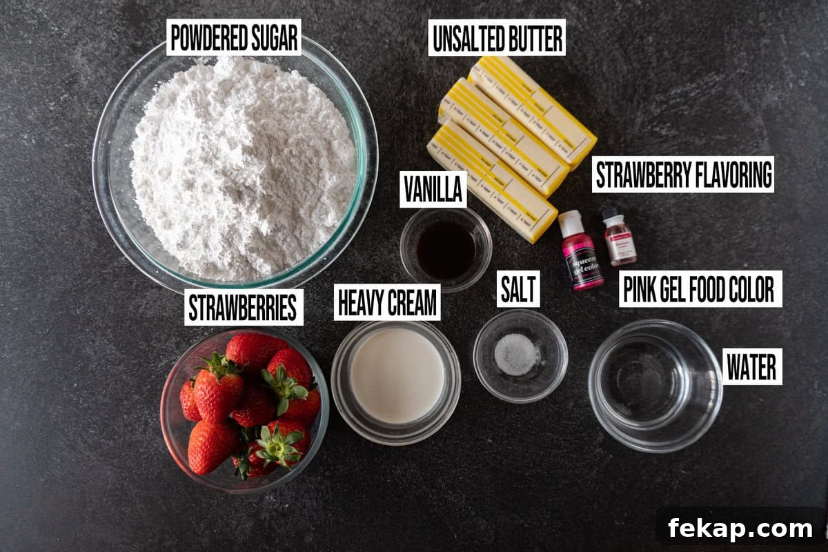 Moist Chocolate Strawberry Cake Recipe 5 chocolate strawberry cake frosting ingredients in individual bowls.