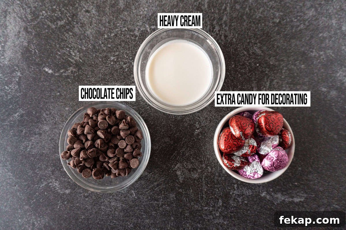Moist Chocolate Strawberry Cake Recipe 6 ganache ingredients in their own bowls.