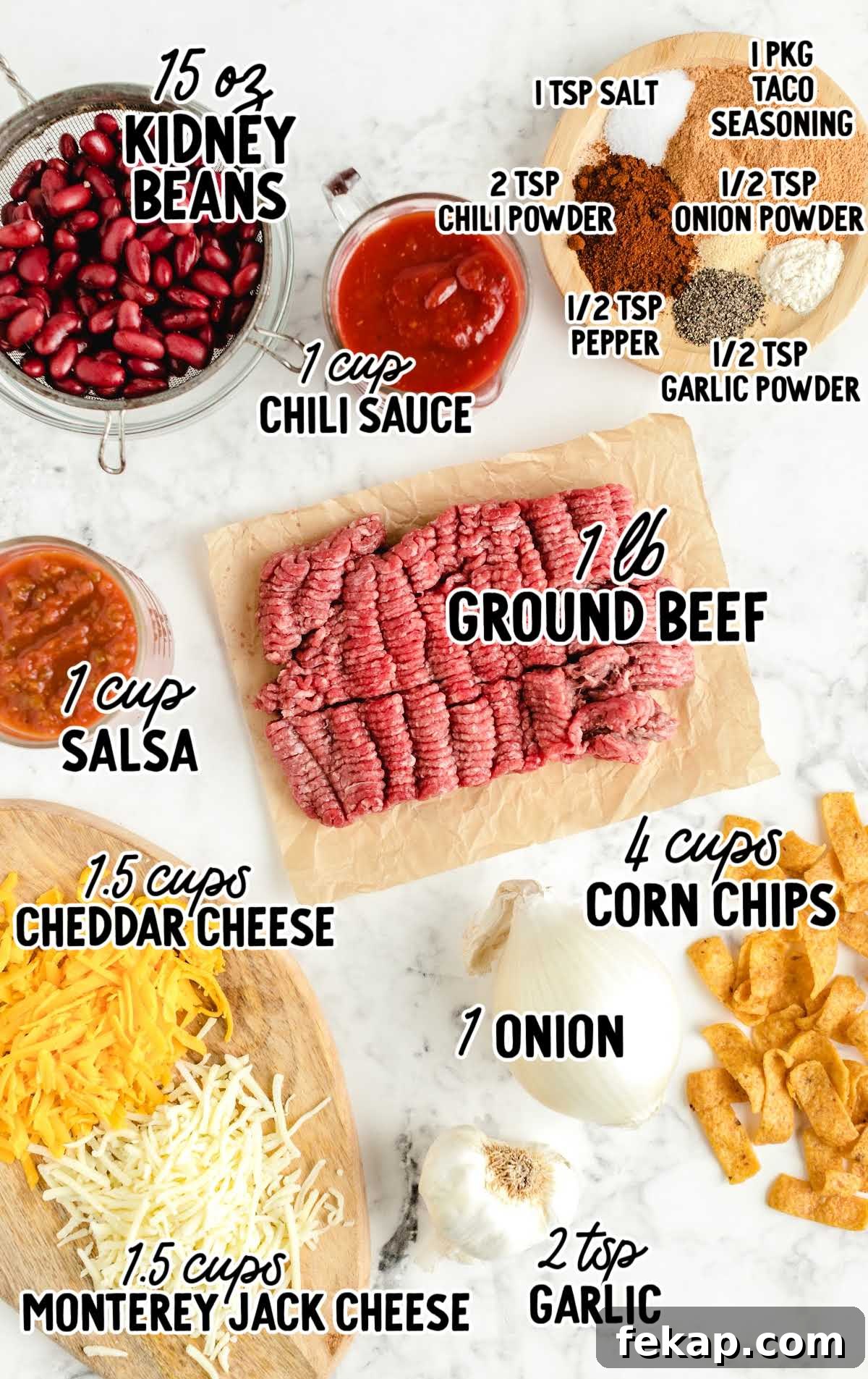 Frito Pie Casserole Recipe: Baked Chili and Cheese 3 Frito Pie raw ingredients that are labeled