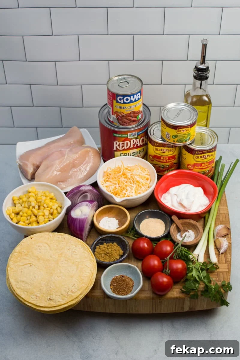 Ingredients for making chicken enchiladas.