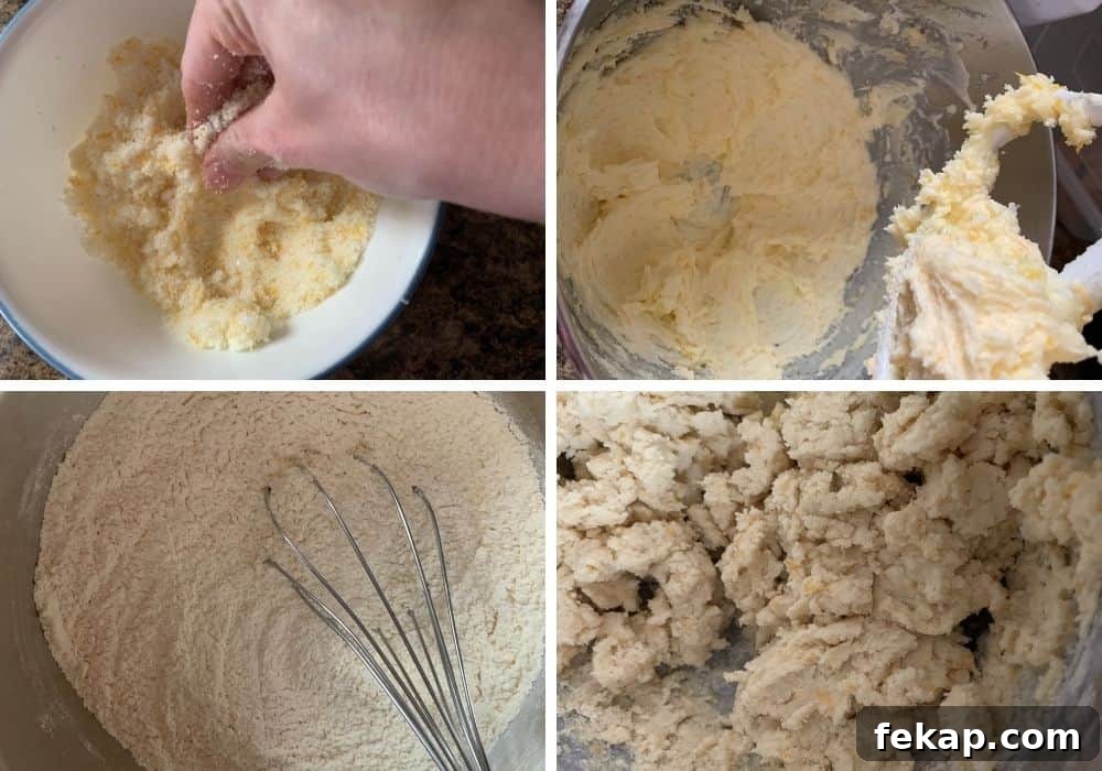 collage image showing the steps for making the dough for lemon cookies