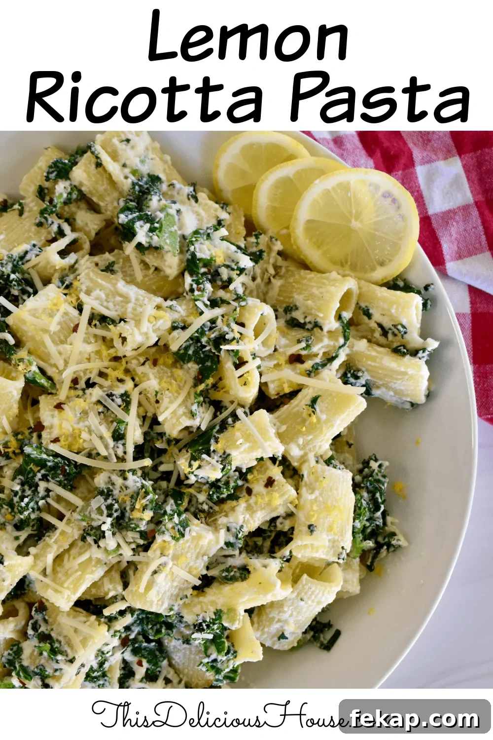 Plated lemon ricotta pasta ready to serve.