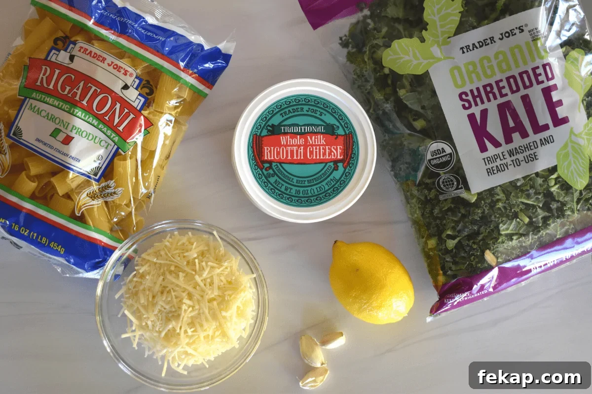 Overhead photo of ingredients needed to make the recipe including rigatoni, kale, and parmesan cheese.