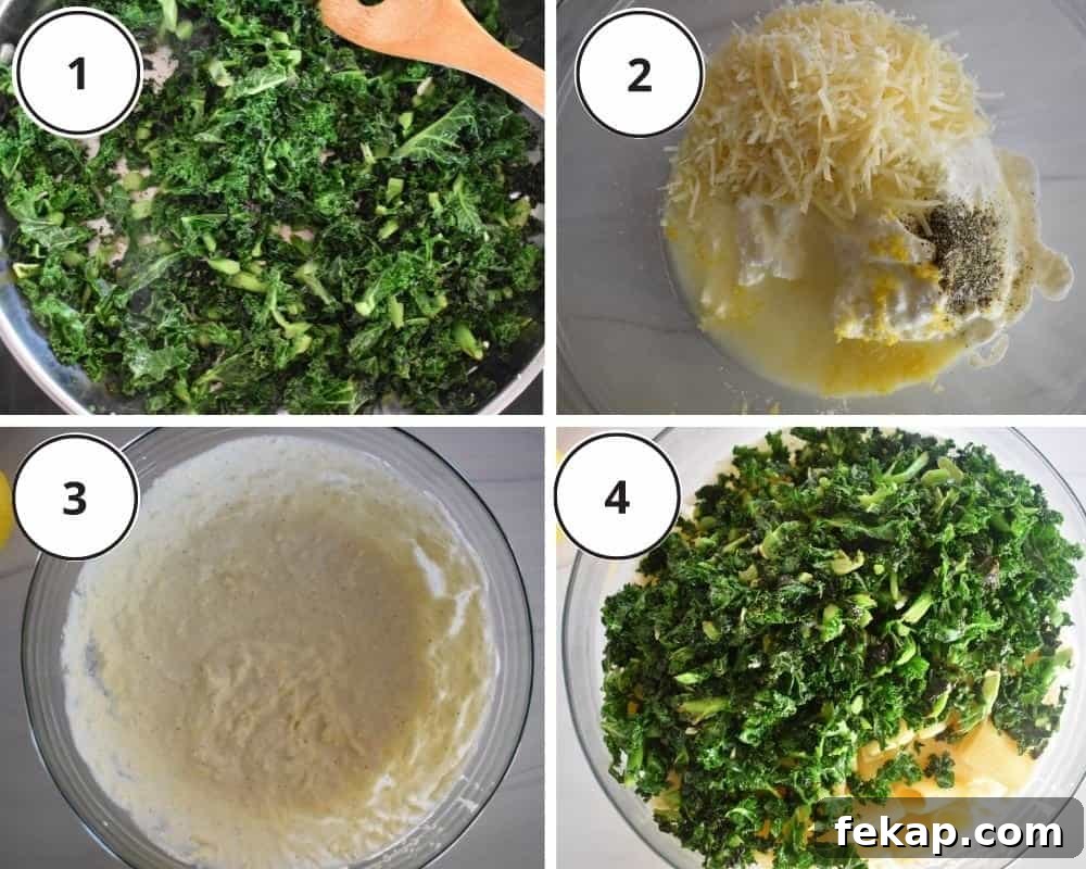 Process shots showing how to make lemon ricotta pasta, including cooking the kale and mixing the sauce.