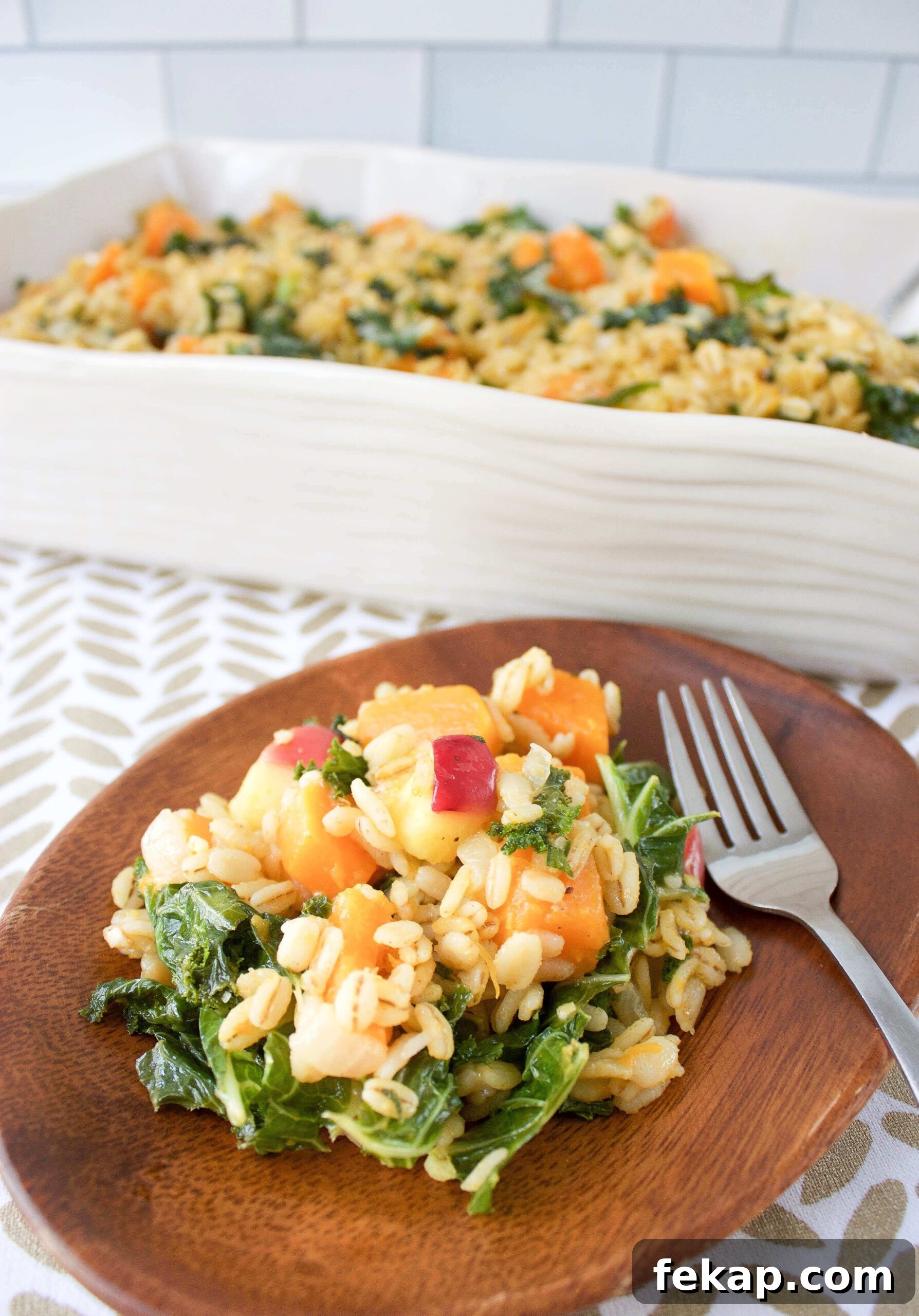 Barley Stuffing with Butternut Squash, Apples, and Kale
