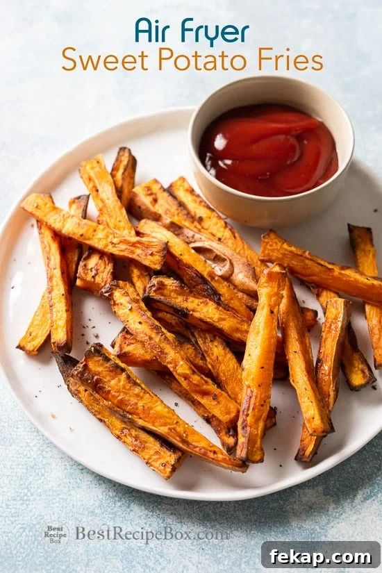 Air Fryer Sweet Potato Fries Recipe @BestRecipeBox Air Fryer Sweet Potato Fries Recipe on a plate with ketchup