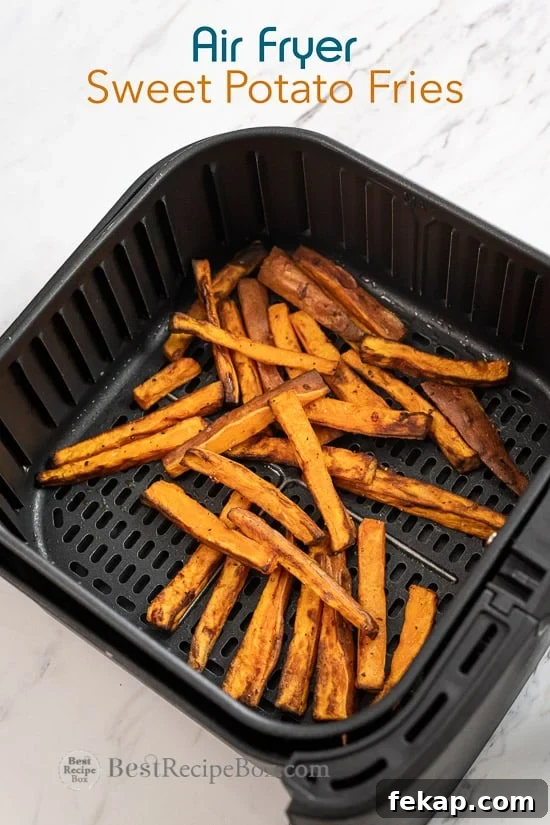 Air Fryer Sweet Potato Fries Recipe @BestRecipeBox Air Fryer Sweet Potato Fries Recipe in a basket