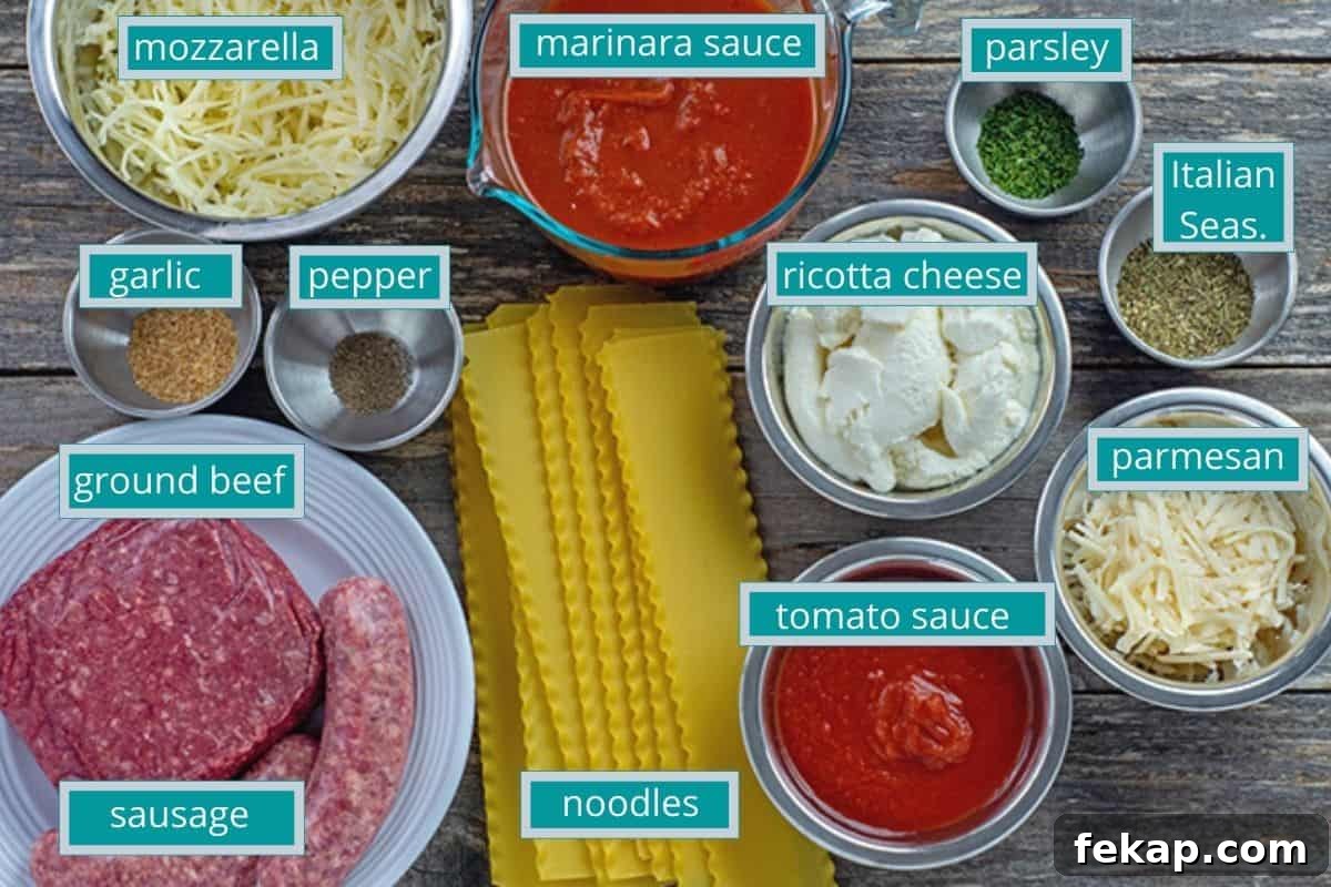 Homestyle Lasagna with Jarred Sauce Recipe 3 lasagna ingredients measured out in containers on counter top