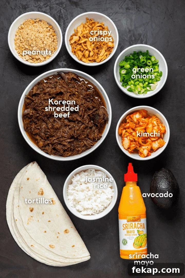 Korean BBQ Shredded Beef Burritos Recipe 3 picture of the ingredients needed to make shredded beef burritos