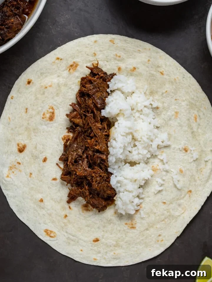 Korean BBQ Shredded Beef Burritos Recipe 6 large flour tortillas with shredded beef and cooked rice