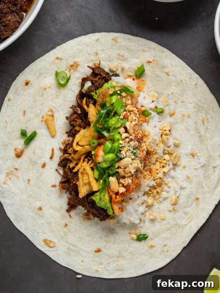 Korean BBQ Shredded Beef Burritos Recipe 8 green onions and peanuts added to shredded beef burritos