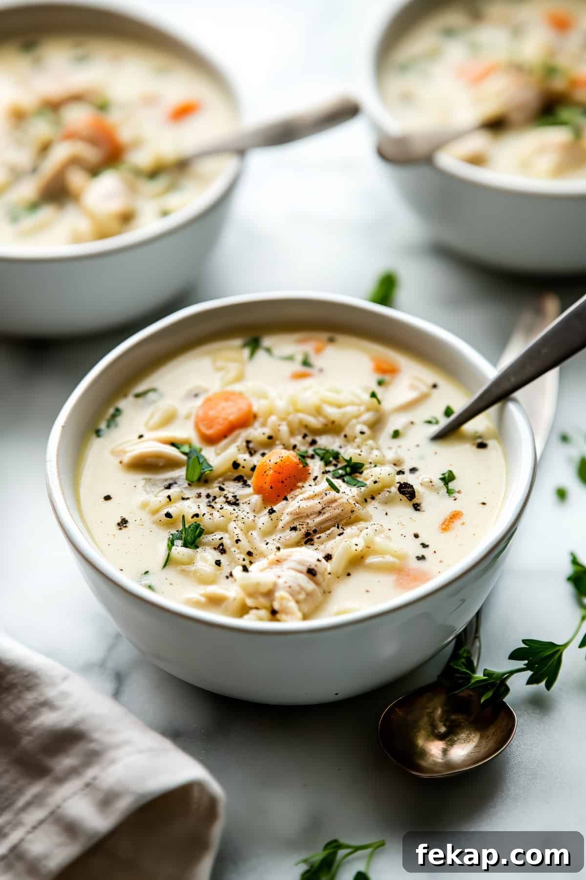 There's no better way to keep the fall wind at bay than to sit down and cozy up with this nourishing and hearty lightened up creamy chicken rice soup. Creamy chicken and rice soup with vegetables.