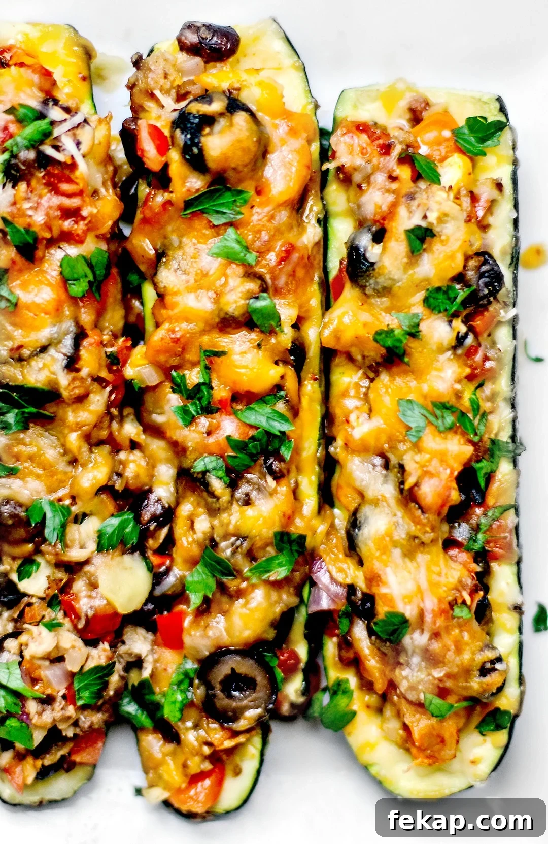 Tex-Mex Zucchini Boats Stuffed with King Oscar Sardines 2 Close up of Tex Mex stuffed zucchini boats on a platter.