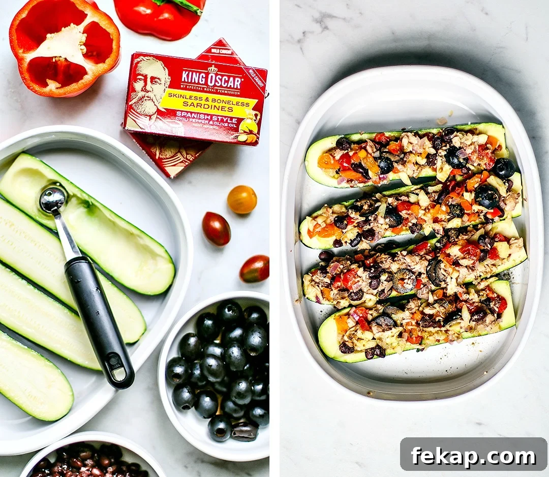 Tex-Mex Zucchini Boats Stuffed with King Oscar Sardines 3 Collage of ingredients.
