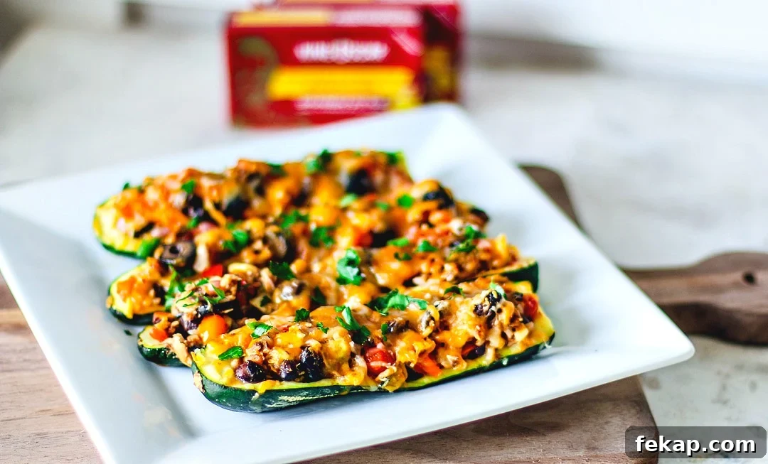 Tex-Mex Zucchini Boats Stuffed with King Oscar Sardines 5 Plate of stuffed zucchini boats lined up.