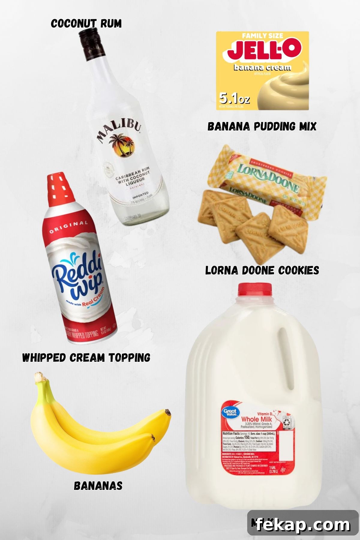 Creamy Banana Pudding Shots Recipe for Parties 3 Ingredients needed to make banana pudding shots like banana pudding, cookies, rum, milk, and bananas, on a marble table, labeled.
