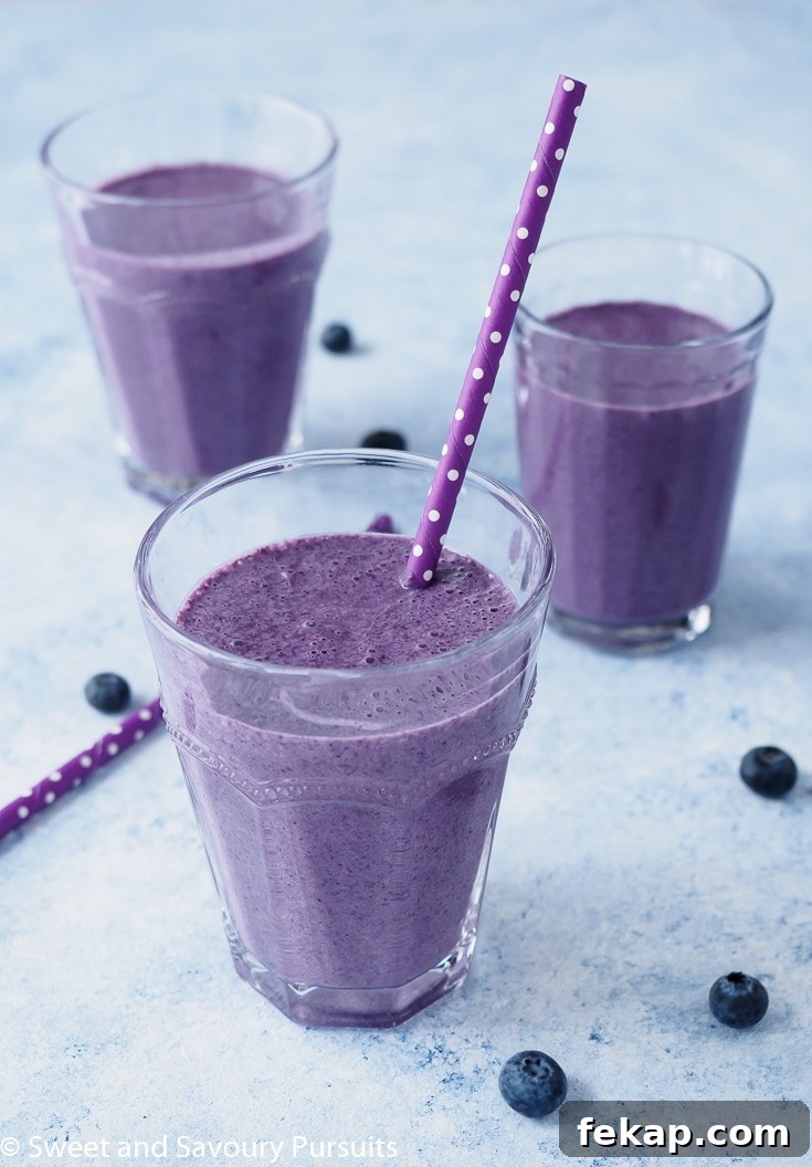 Creamy Blueberry Oatmeal Smoothie Recipe 3 Blueberry Oatmeal Smoothie flavoured with coconut, cinnamon and nutmeg served in glasses.