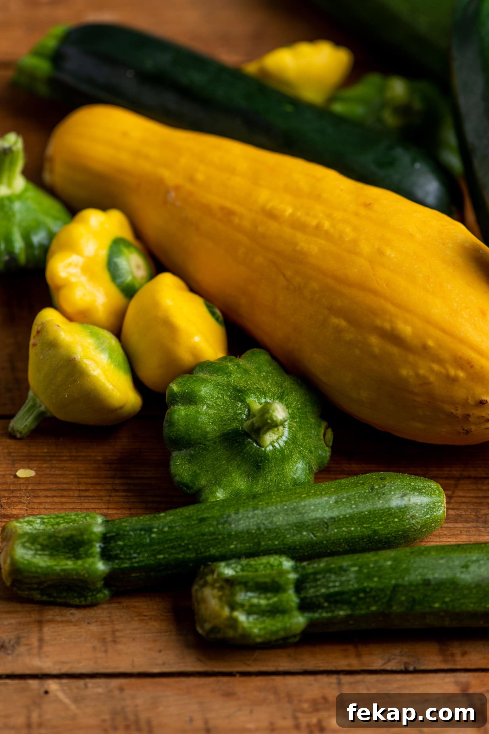 7 Delicious Ways to Cook Zucchini: Roast, Saute, Grill 2 Fresh Zucchini and Summer Squash piled on wood board.