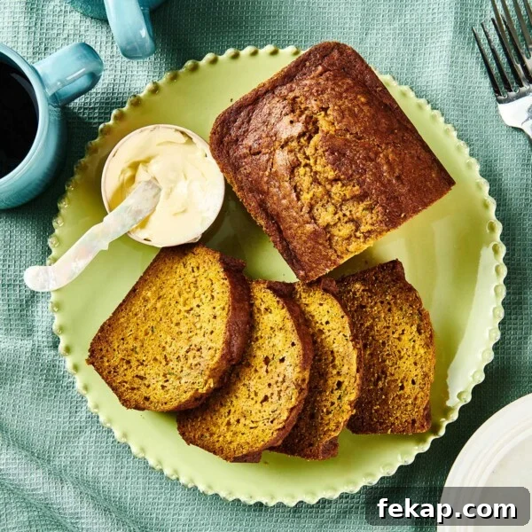 7 Delicious Ways to Cook Zucchini: Roast, Saute, Grill 8 Pumpkin Zucchini Bread loaf and slices on green plate.