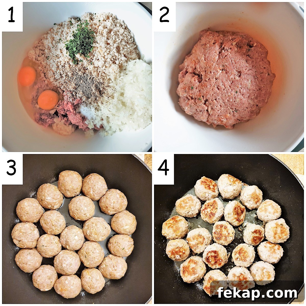 Baked Meatball Stuffed Shells in Spicy Tomato Sauce 4 Steps for mixing and frying the meatballs.