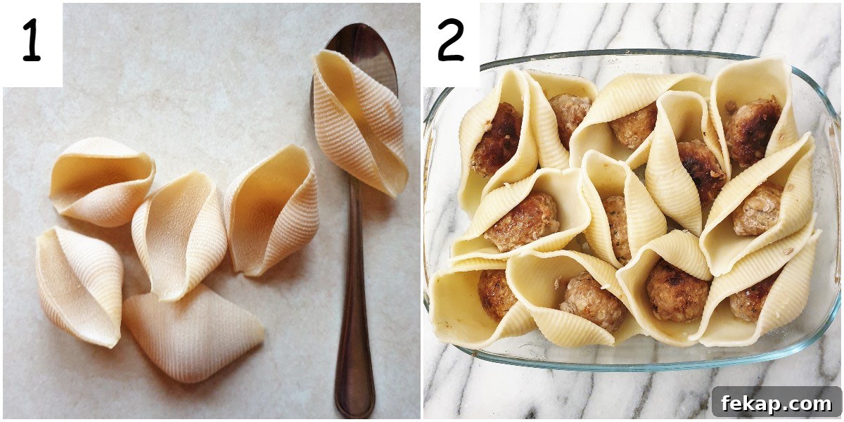 Baked Meatball Stuffed Shells in Spicy Tomato Sauce 6 Jumbo pasta shells next to a spoon, and a dish of pasta shells each containing one meatball.