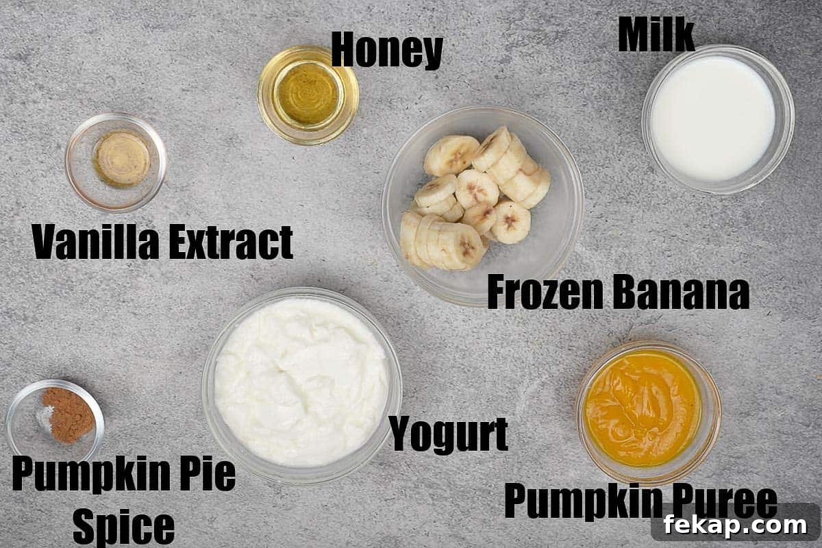 Pumpkin pie smoothie ingredients.